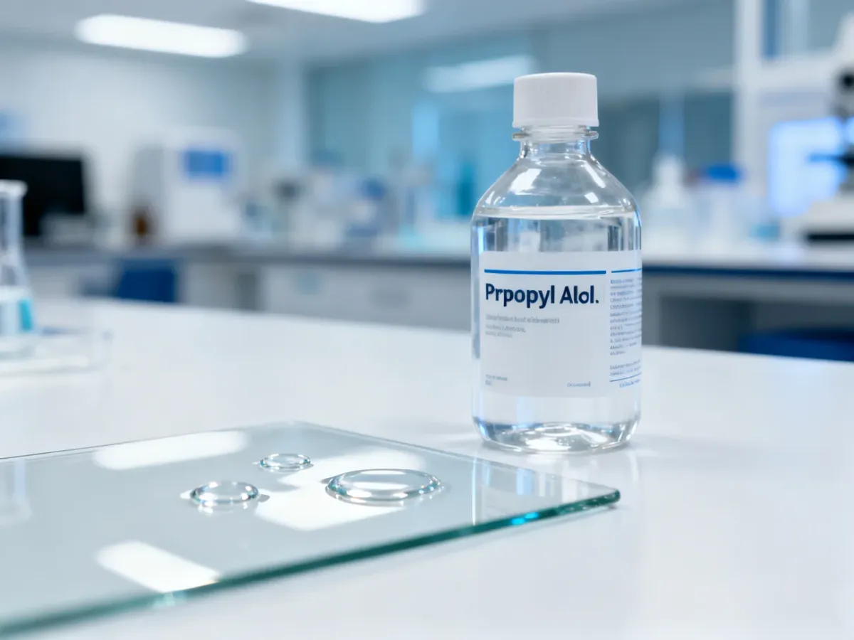 Przezroczysta butelka z alkoholem izopropylowym na sterylnym blacie laboratoryjnym w minimalistycznym stylu.