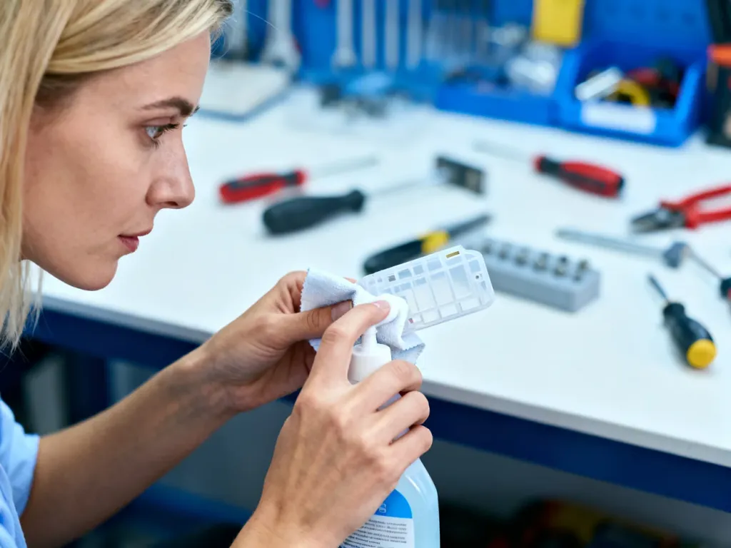 Kobieta ostrożnie czyści plastikowy przedmiot ściereczką z preparatem, usuwając resztki kleju w domowym warsztacie.