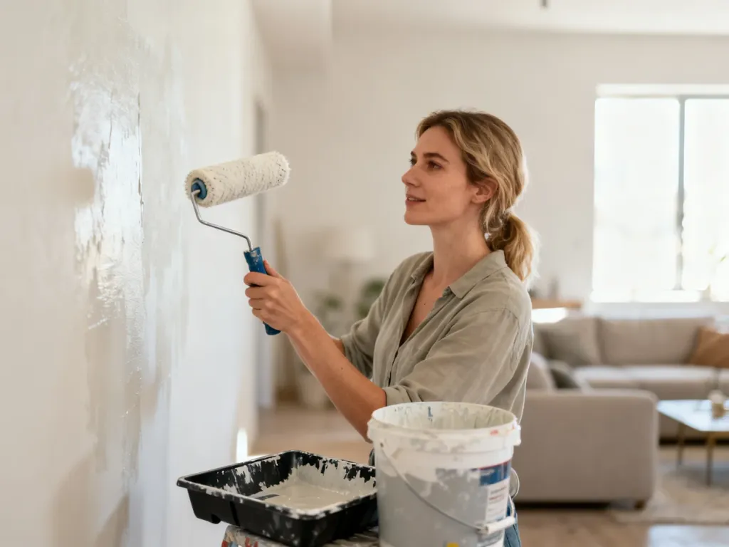 Kobieta maluje ścianę wałkiem w jasnym, nowoczesnym salonie, przygotowując wnętrze do remontu.