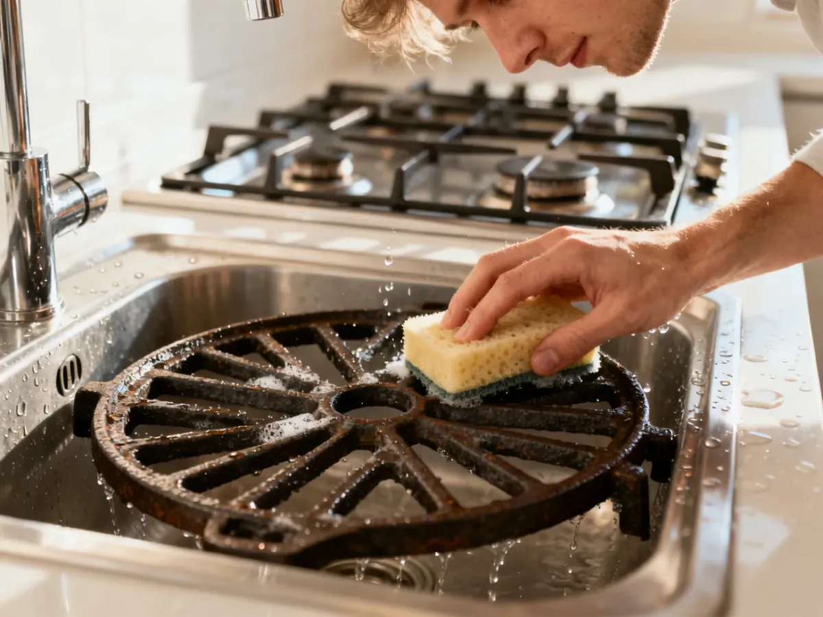 Osoba czyści żeliwny ruszt kuchenki gazowej za pomocą gąbki w jasnym, nowoczesnym zlewie kuchennym.